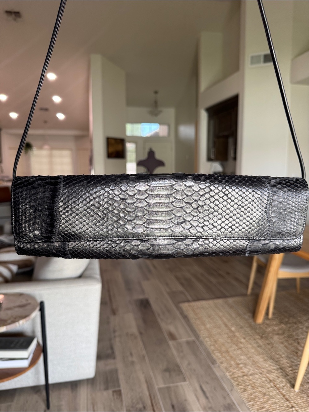 Carlos Falchi Black Python-Texture Shoulder Clutch